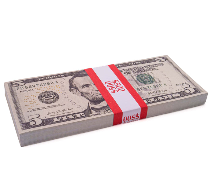 $500 Prop Money (1 Stack of $5 Bills, New Series)